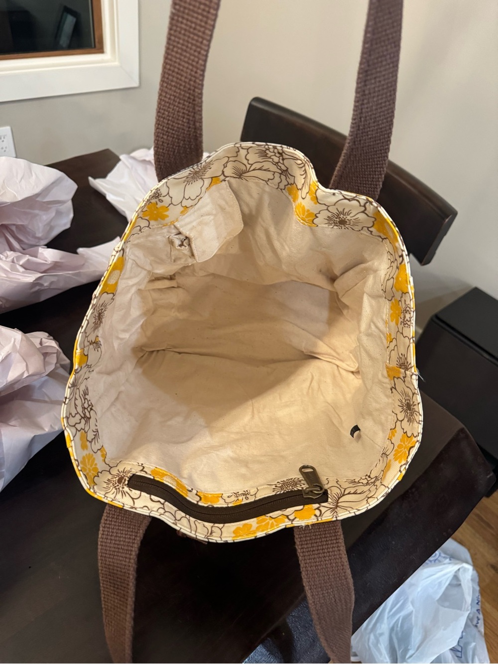 DULUTH Trading Co. Large Waterproof Yellow/Brown Floral Canvas Tote Bag 14X12X9 - Picture 7 of 11